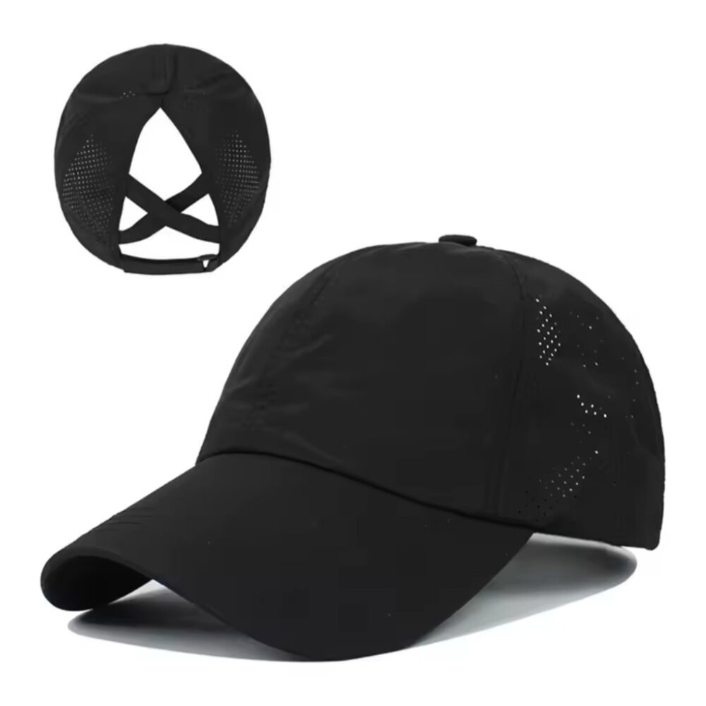 Sport Cap Cross Ponytail Hat, Black, NEW